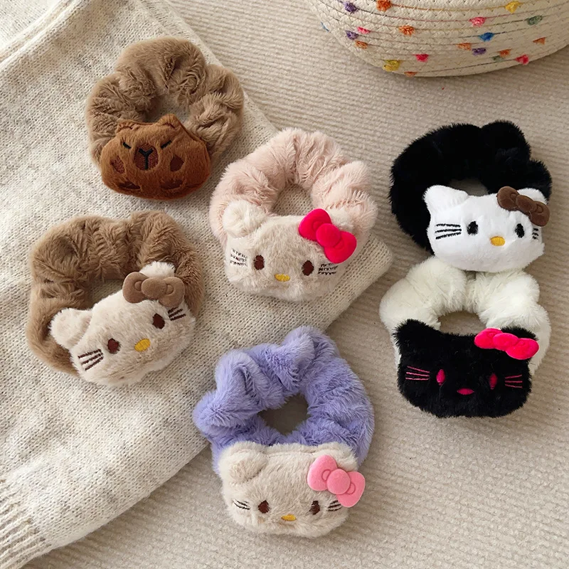 6 pçs kawaii para hellokitty acessórios de cabelo de pelúcia faixas de cabelo anime corda de cabelo alta elástica bandana para meninas presentes para crianças