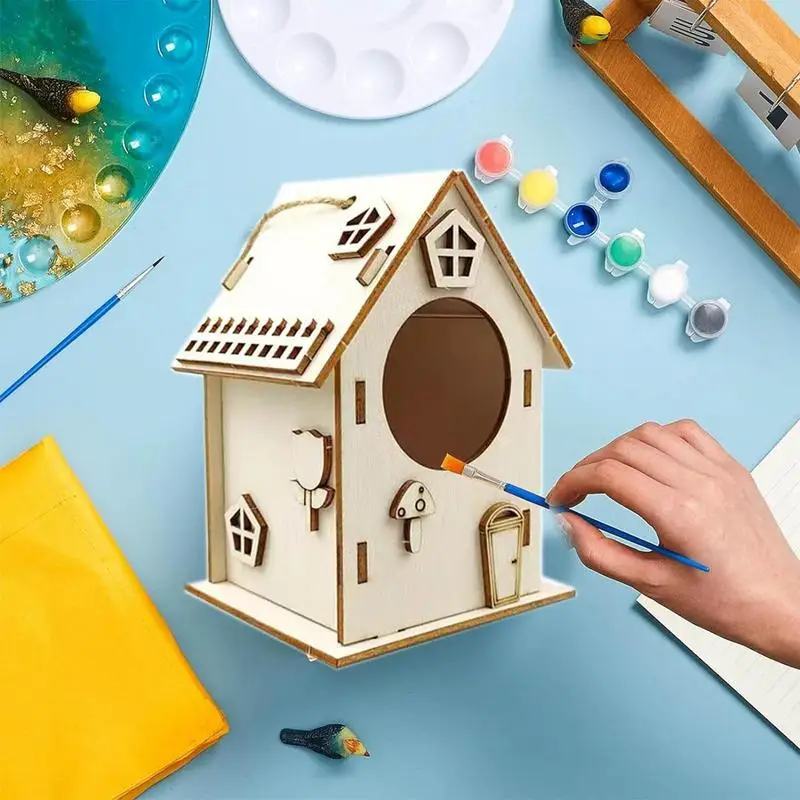 Wooden Bird House Kit Unfinished Bird Houses For Crafting Rope Fixing Feature Bird House Construction With Paint Brush Palette