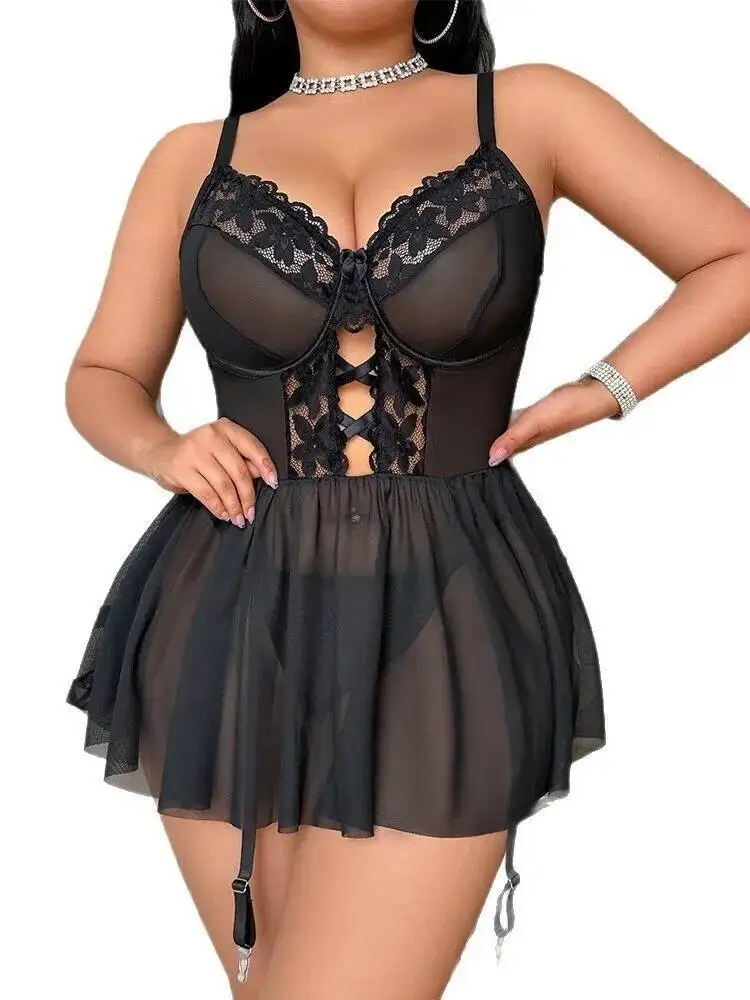 Seksowne komplety piżamowe dla puszystych kobiet z koronką, pasującego rozmiaru plus size, z krótkimi spodenkami, odkryte plecy, głęboki dekolt w serek, ramiączka, bez rękawów, przezroczysta siateczka, eleganckie, SWAT