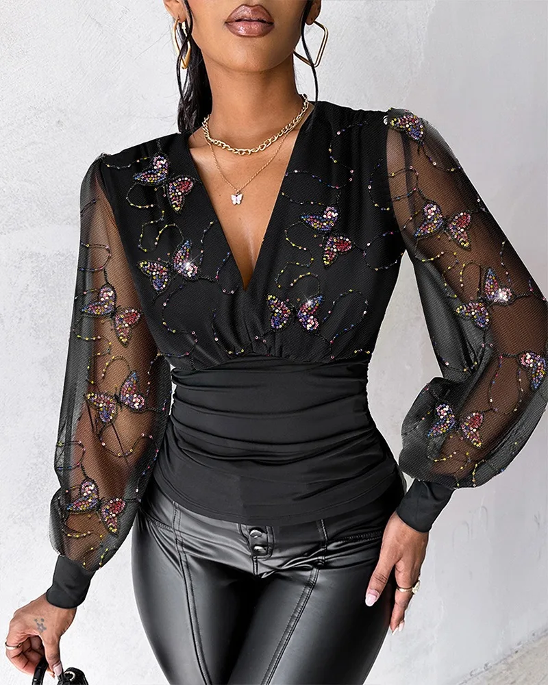 Spring Women's Blouse Elegant Butterfly Pattern Deep V-Neck Lantern Sleeve Sequin Ruched Sheer Mesh Slim Fit Top Casual Blouse