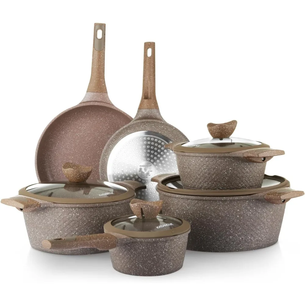 

Набор кастрюль и сковородок для приготовления пищи с антипригарным покрытием, 10 шт., набор прочной алюминиевой посуды, без PFOA, набор кухонных сковородок со стеклянной крышкой,