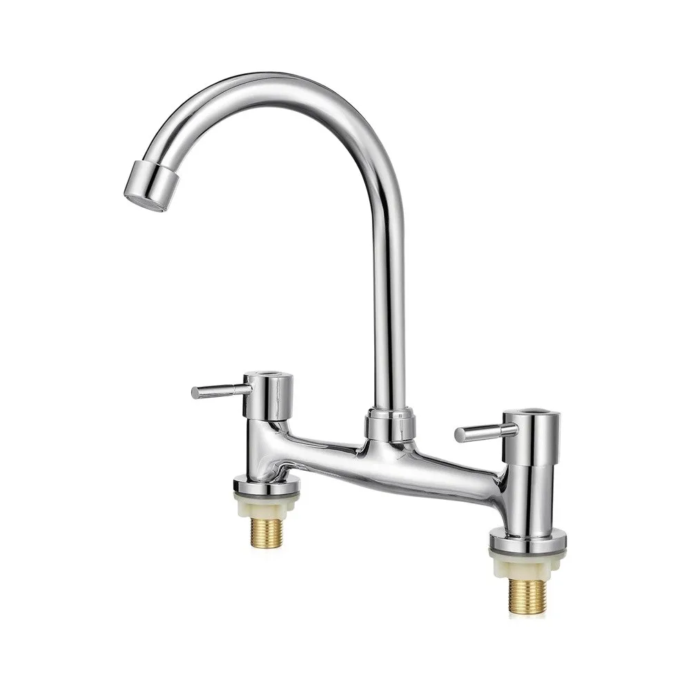 Dual Hole Kitchen Sink Mixer with 360 Rotating Spout Zinc Alloy Build Chrome Finish Lever Temperature  Dual Hole
