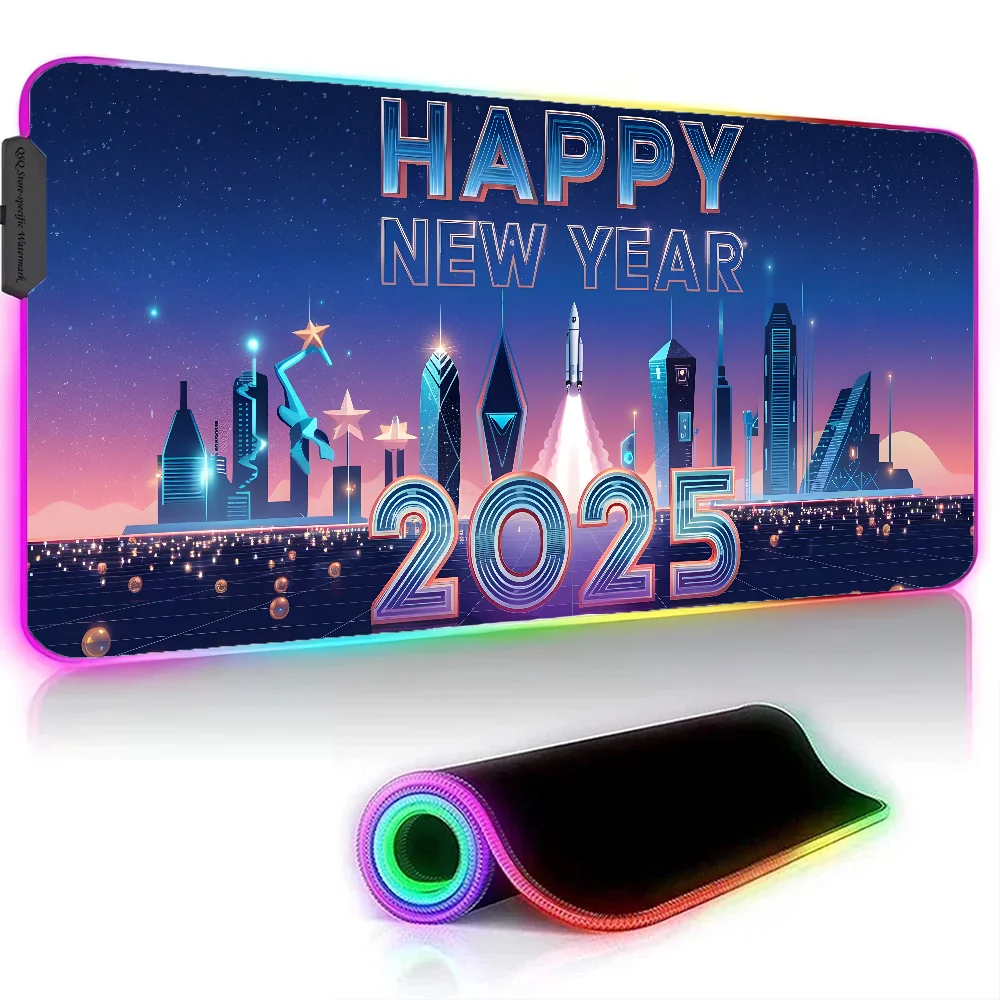 Feliz ano novo 2025 cidade futurista mousepad xxl rgb gaming mouse pads hd preto gamer acessórios grande led