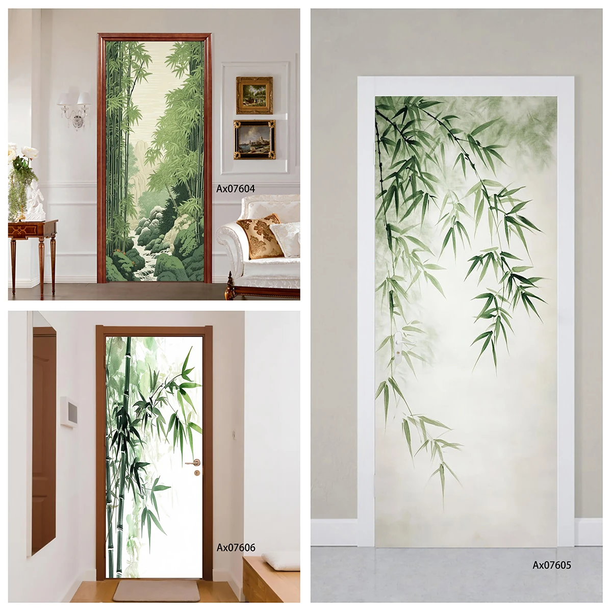 Door Decal Waterproof Removable Elegant Ink Bamboo Branch Light Vintage Background Decal Home Entry Door Decor Room Makeover