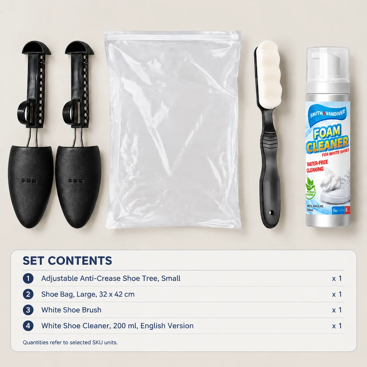 Adjustable Shoe Stretcher, Large 32x42cm Clear Storage Bag, Soft Nano Brush and 200ml White Shoe Foam Cleaner Shoe Care Set