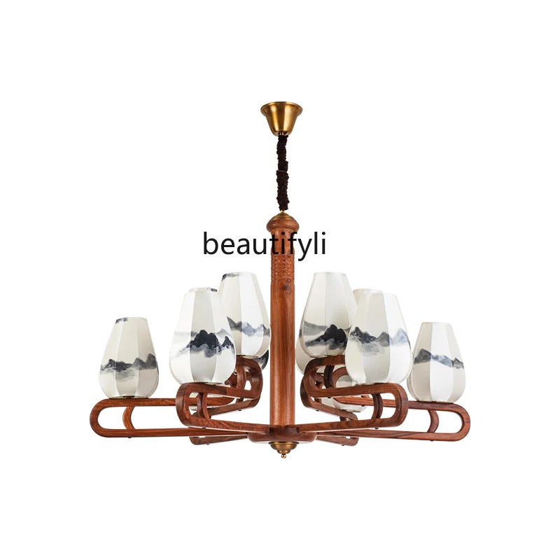 Chinese Style Retro Living Room Chandelier round Solid Wood Classical Cloth Lampshade Lighting Special-Shaped Decorative Lamps