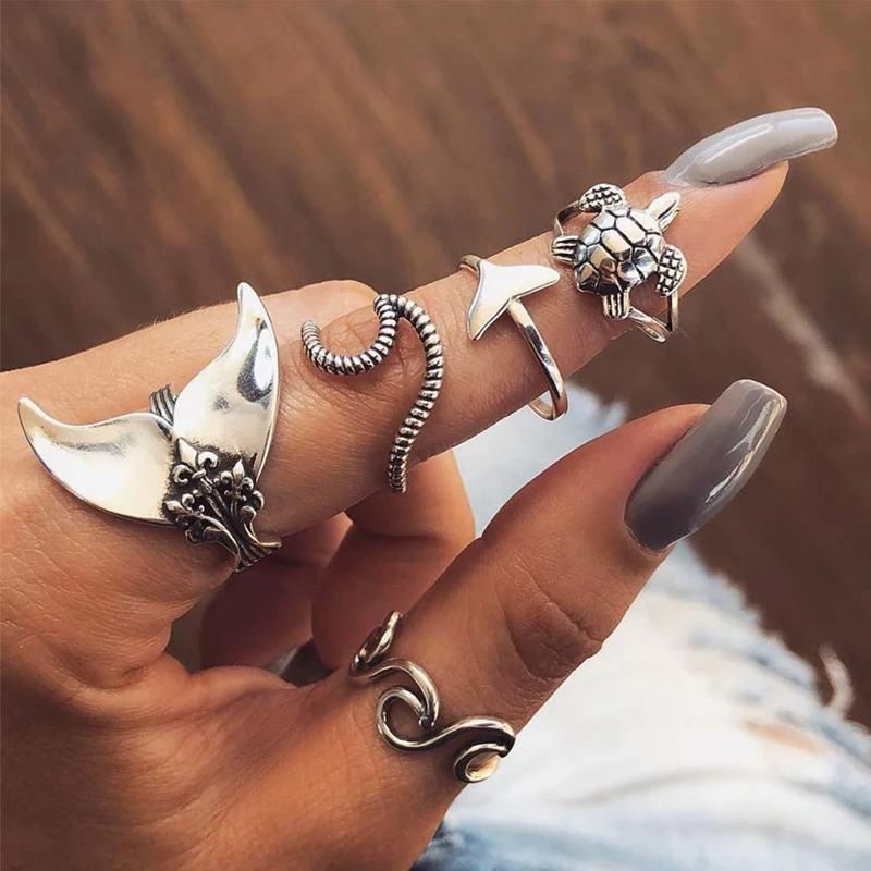 1 Set Boho Women Rings Set Geometric Turtle Whale Tail Waves Ring Charm Waves Rings Lady Jewelry Lover Gift Metal  Fashion