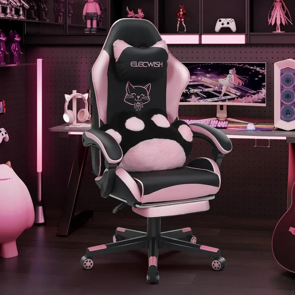 

Pink Gaming Chair with Footrest, Cute Gaming Chair with Massage Cat Paw Lumbar Cushion for Girl