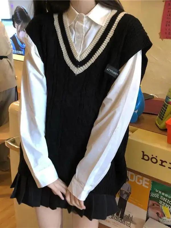 

College Sle Color Blo V-Ne вязаный свитер женский весенне-осенний новый милый дэт жилет из полиэфирного волокна 00%