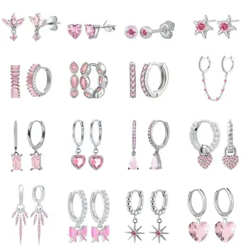 Pendientes de aro de Plata de Ley 925 con aguja de circonita rosa para mujer, exquisitos pendientes con colgante de corazón, regalo de joyería de lujo
