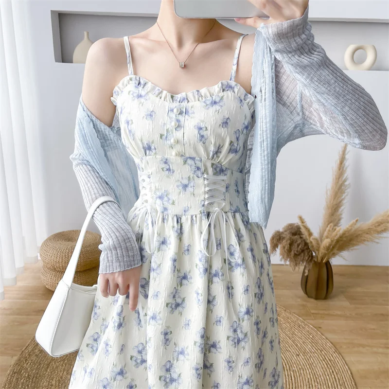 OCEANLOVE Print Floral Long Dresses Spring Summer Sweet A-line Korean Fashion Vestios Mujer Ruffles Sleeveless Women Dress