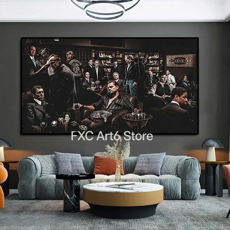1PC frameless Movie Godfather Star Posters Prints The Gangsters Cigar Club Party Group Photo Canvas Print Painting for Living Ro