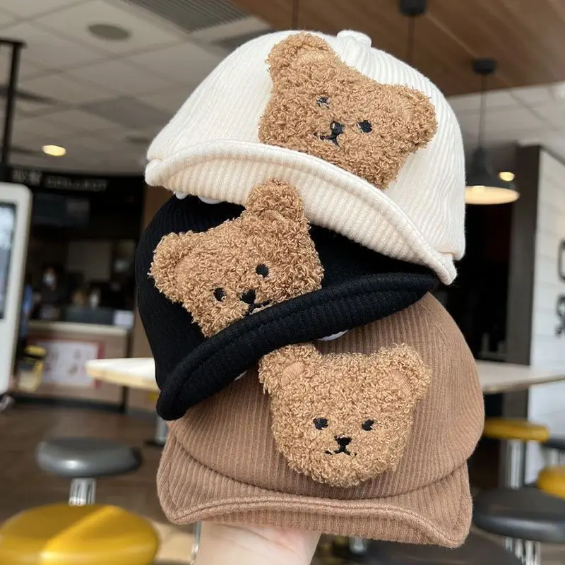 Cartoon Bear Baby Baseball Cap Solid Adjustable Soft-brim Peaked Hat for Kids Autumn Winter Warm Corduroy Infant Toddler Hats 모자