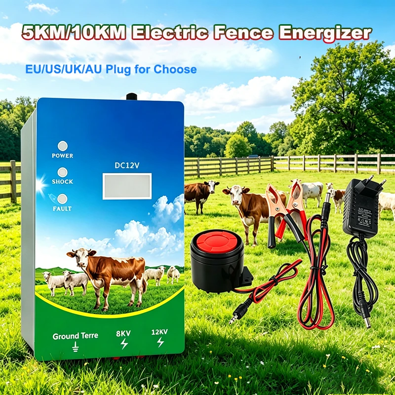 5KM/10KM Electric Fence 2-3 Joule Solar Energizer Charger Controller Animal Horse Cattle Poultry Farm Fence Alarm Livestock Tool
