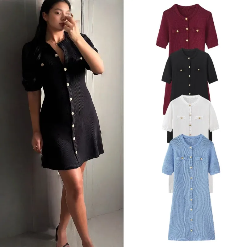 Modisches Gestricktes Kurzarm-Pulloverkleid mit Knöpfen Einfarbig Street-Style O-Ausschnitt Hohe Taille A-Linien-Rock Damenkleid