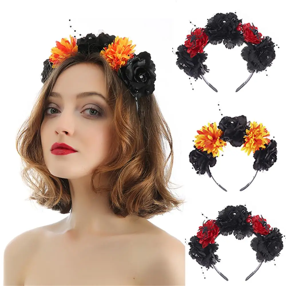 Fashion Spider Skull Halloween Headpiece Party Costume Hair Accessories Flower Headbands Mexican Rose Flower Crown for Women