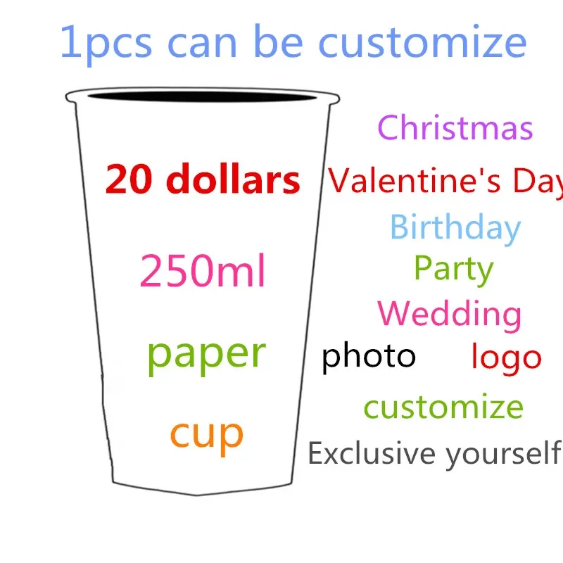 100pcs High quality custom disposable paper cups wedding birthday party favors exclusive logo pattern design drinking cup