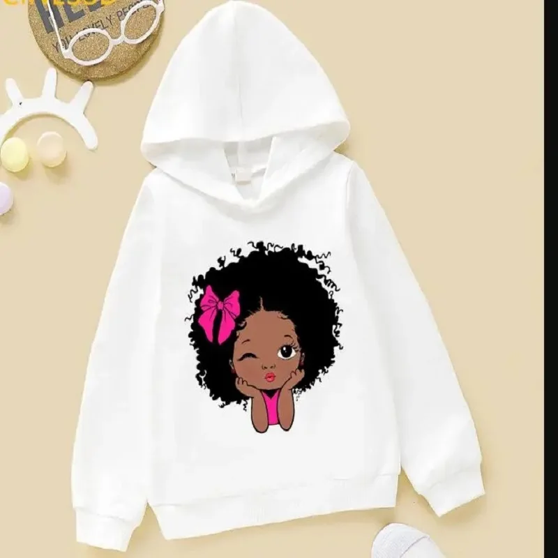 

New Bow Little Black Girl Print Kids Sweatshirt Children Lovely Winter Clothes Thick Hoodies Melanin Princess Design Teens