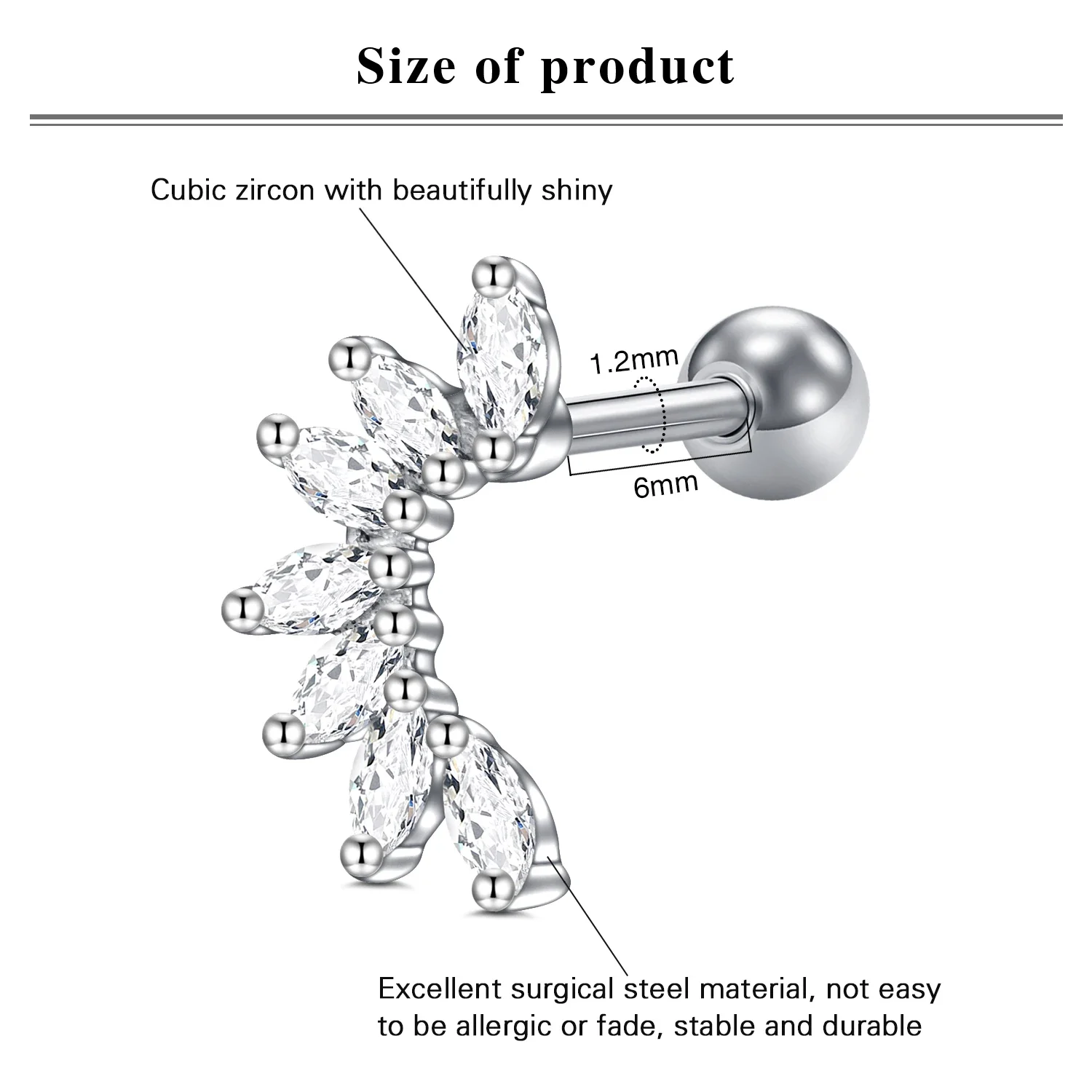 Silver Curved Marquise CZ Cartilage Stud Earring, Fan‑Shape Clear Zircon Screw Ball Helix Piercing Jewelry, Multi‑Crystal Barbell Stud for Women Daily Gift