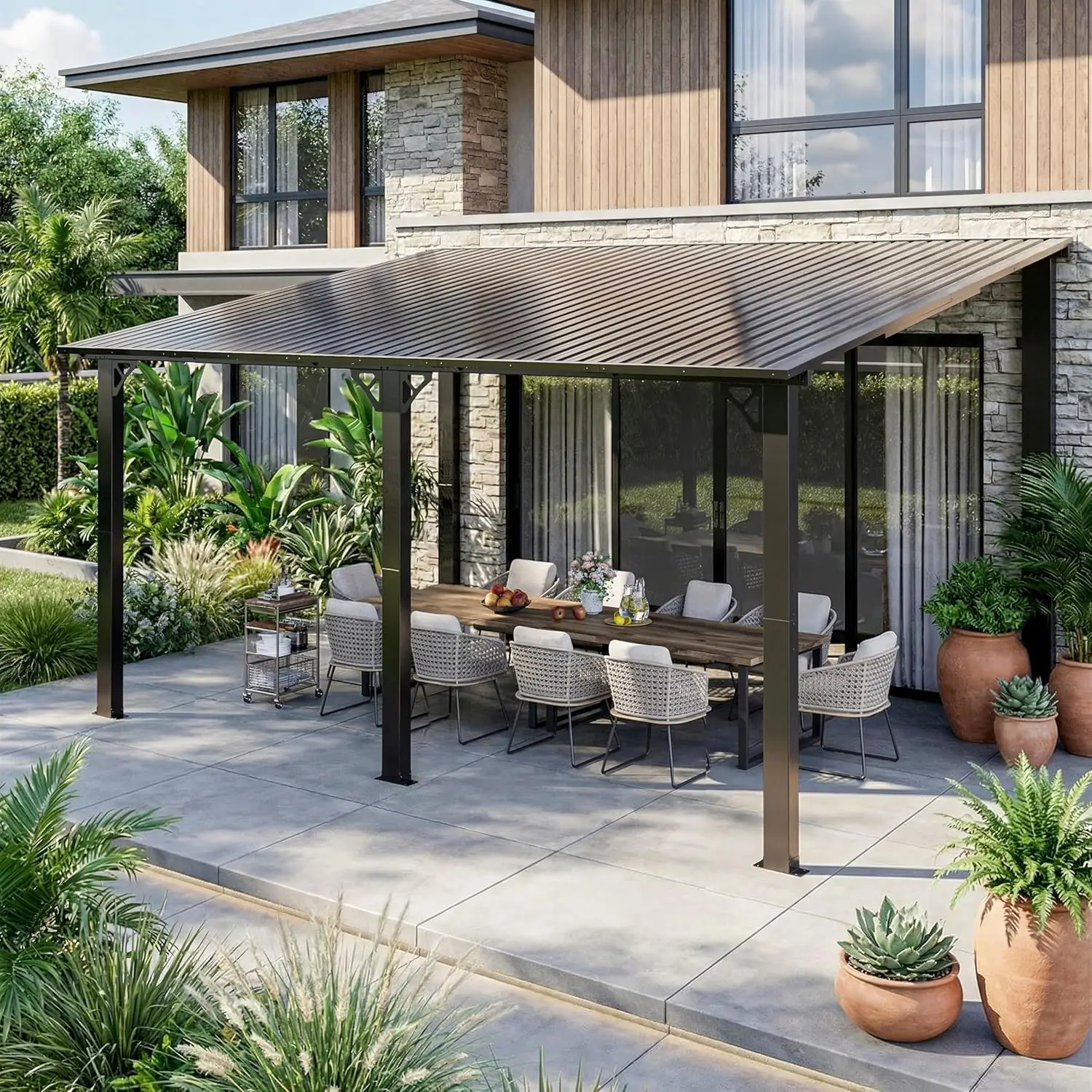 

10x14ft Wall Mounted Lean to Gazebo Pergola Metal Roof Heavy Duty Canopy Awning Backyard Deck Customized