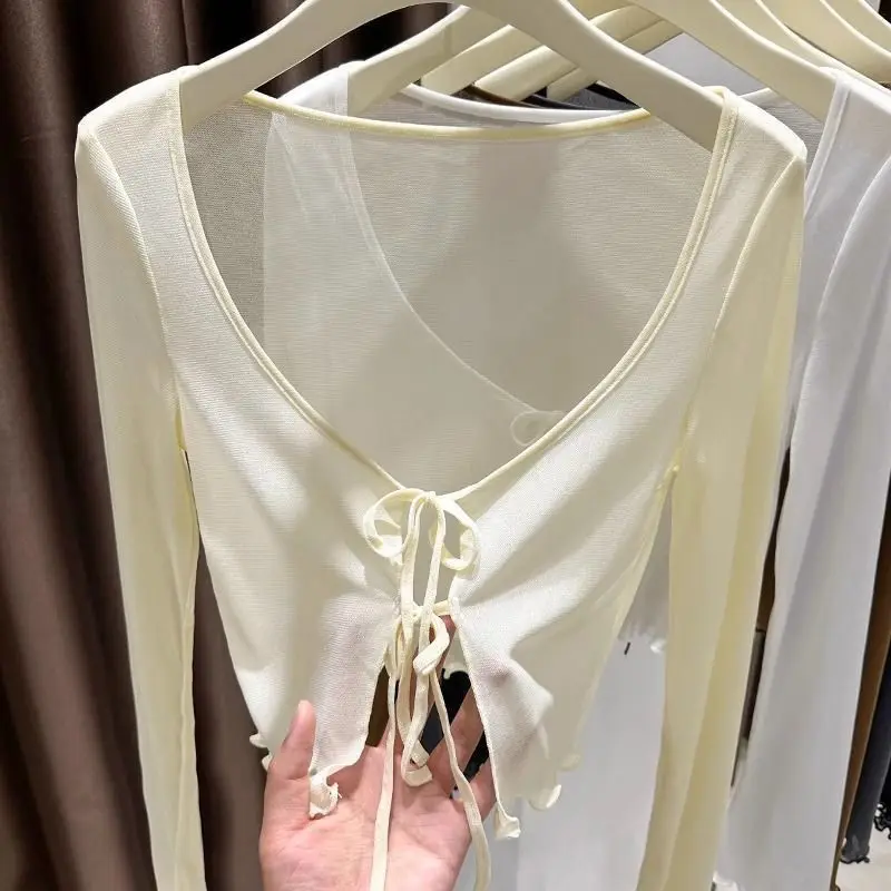 

Ice Silk Mesh Shawl Sun Protection Clothing for Women Spring Summer Design Sense Ruffled Tie Cardigan Thin Cover Up Top