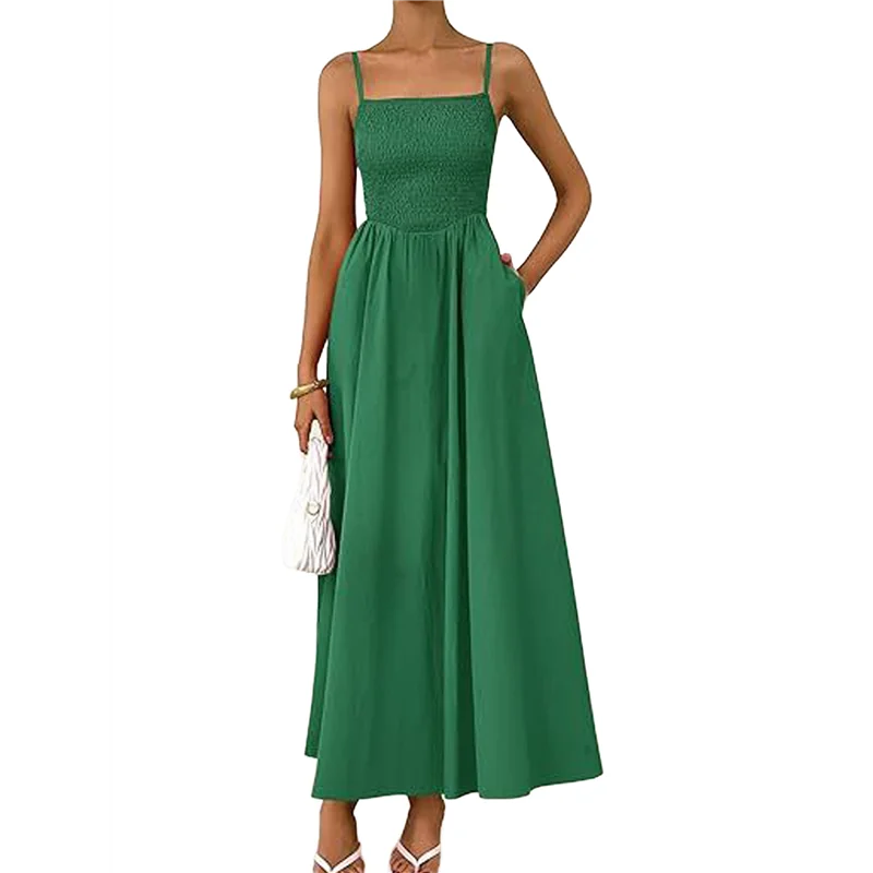 【SEE】 Abiti lunghi estivi da donna Vestito estivo da spiaggia Casual con cinturino per spaghetti Smocked Swing A Line Abito lungo e fluido