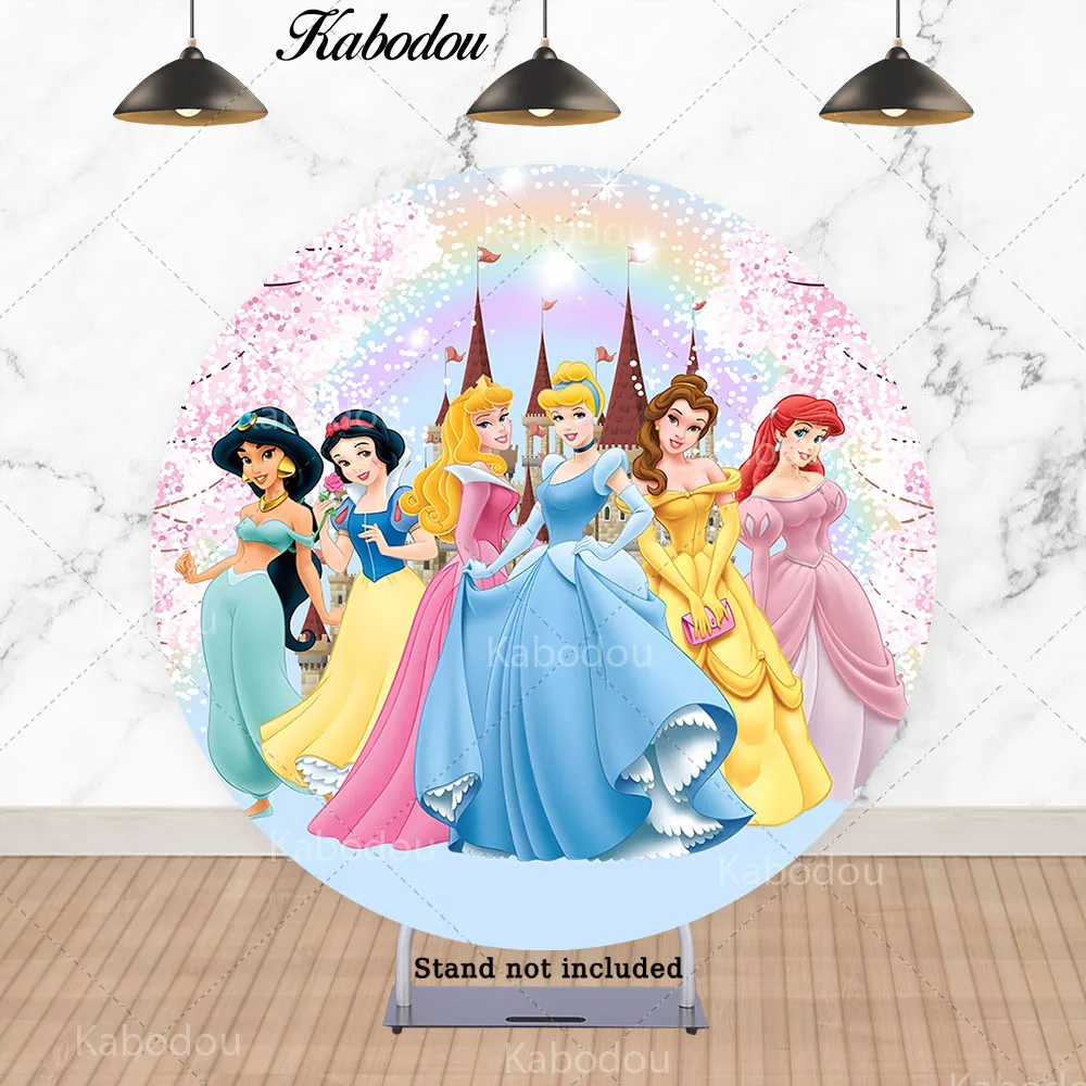 Disney Princess Circle Photo Backdrop Girls Birthday Party Cinderella Ariel Belle Round Photography Background Cylinder Covers