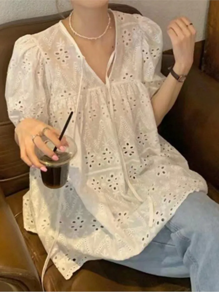 Summer Hollow Out Lace Top Shirt Women Fashion V Neck Short Sleeve White Office Casual Tops Shirts New Female Blouse