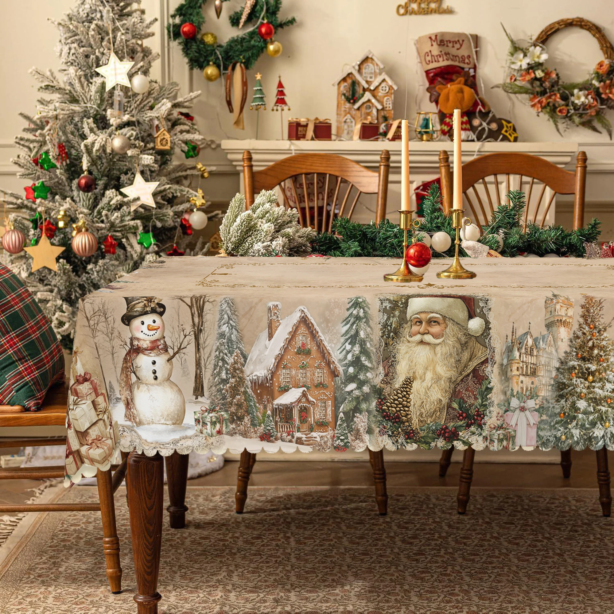 1 Piece Christmas Round and Rectangular Tablecloth, Various Sizes, Retro Santa Claus Print Pattern Tablecloth, Christmas Garden Tablecloth Decoration, Tablecloth for Daily Home Kitchen, Terrace, Gift