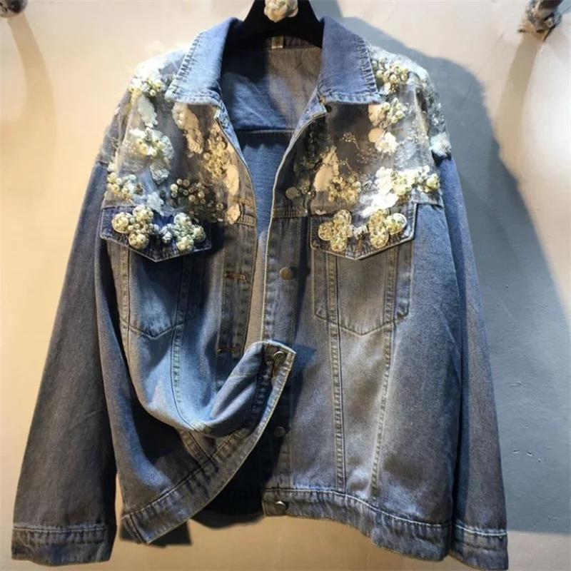 

Spring and autumn loose jacket lace embroidery pearl new beaded sequin mesh stitching denim loose coat women