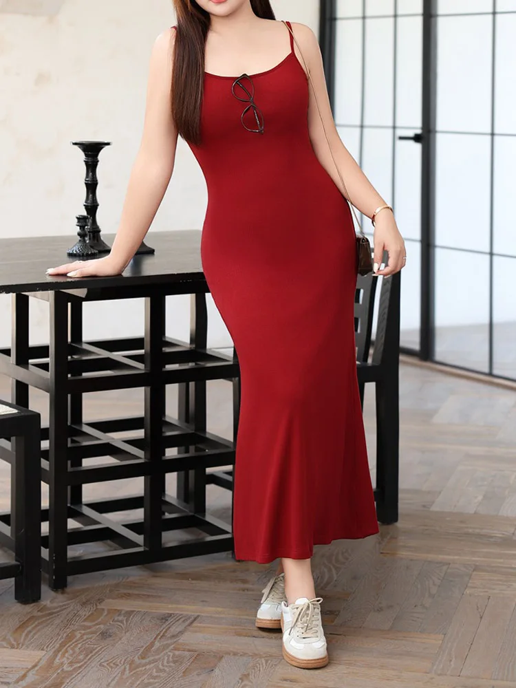 Sexy Spice Girl Dress Plus Size Women Summer 2024 Good Quality Slim Spaghetti Strap French Long Dress