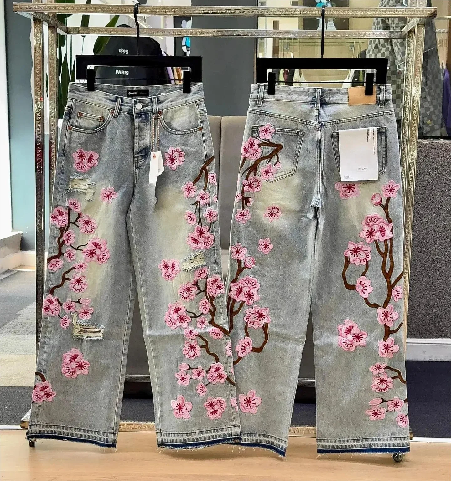 NEUE Streetwear Kirschblüten Stickerei Coole Jeans für Unisex Hip Hop Baggy Low Rise Mode Breite Bein Denim Hosen Kleidung