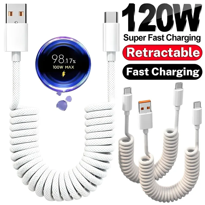 60W USB-C to USB C Fast Charge Spring Cable Retractable Car Charger Data Cord for iPhone 17/16/15 Samsung Xiaomi Type-C Phones