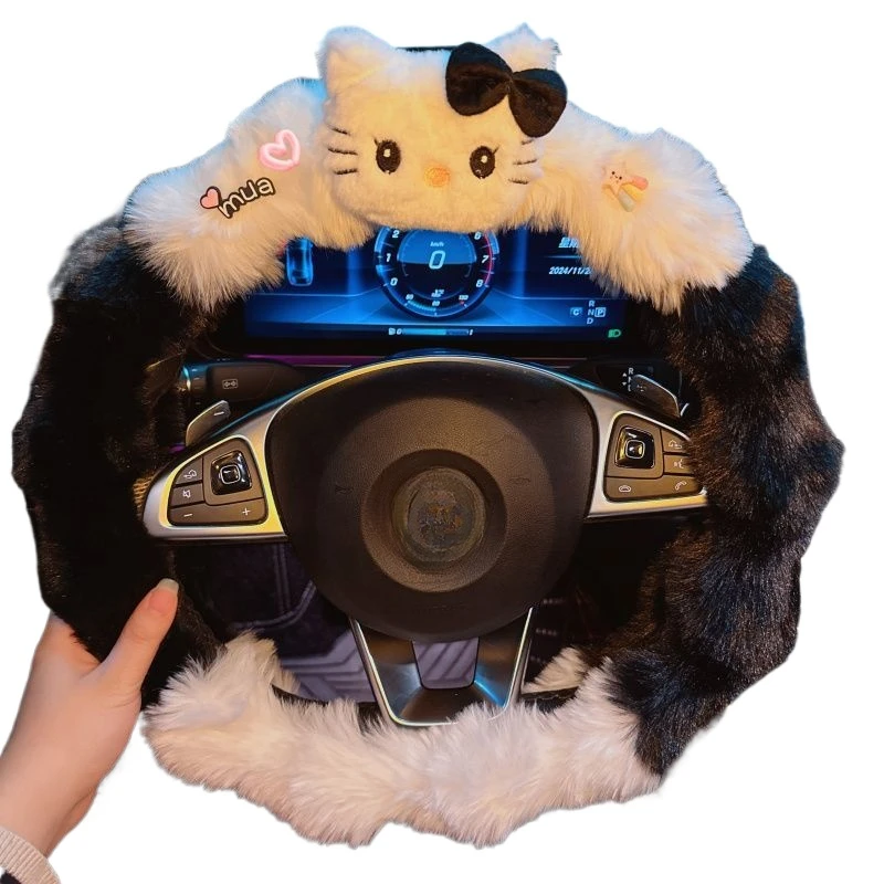 MINISO Hello Kitty Car Steering Wheel Winter Plush Handle Gloves Non-slip Warm Cartoon Kitty Car Handle Cover Decoration Gift