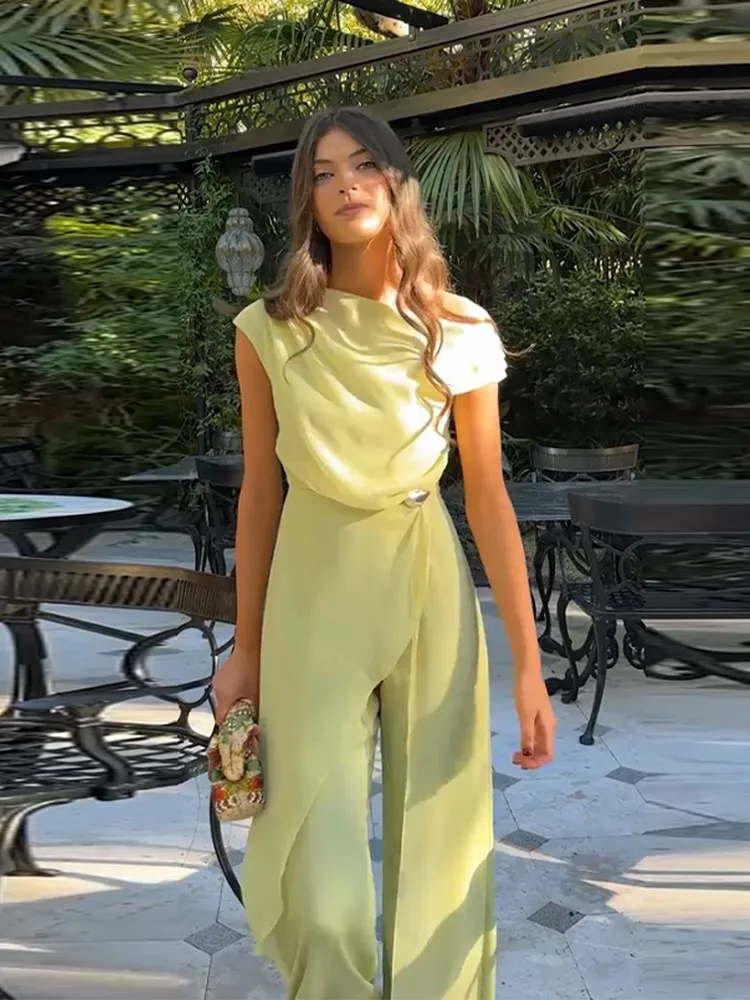 Two Piece Pant Sets Asymmetrical One Shoulder Draped Top 2026 Spring Summer Elegant Wedding Guest Cocktail Party Women Outfit