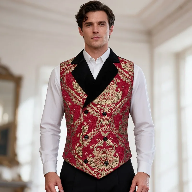 Men's Victorian Double Breasted Brocade Waistcoat Vintage Gothic Steampunk Vest Slim Fit Wedding Prom Party Gold Jacquard Velvet