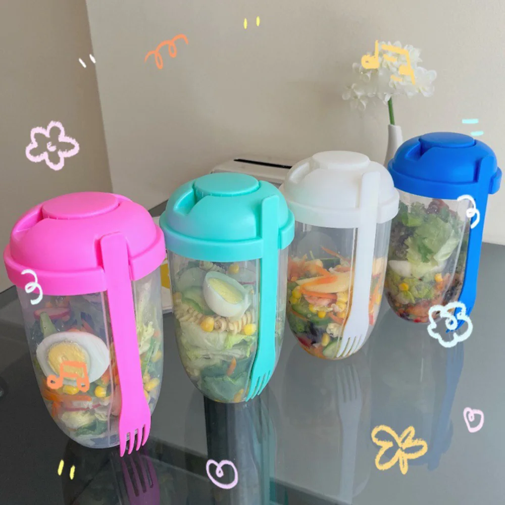 1L Portable Bottle Salad Cup Breakfast Oatmeal Cereal Nut Yogurt Bowl with Fork Sauce Cup Lid Bento Tuppers Food Taper Bowl Lunc