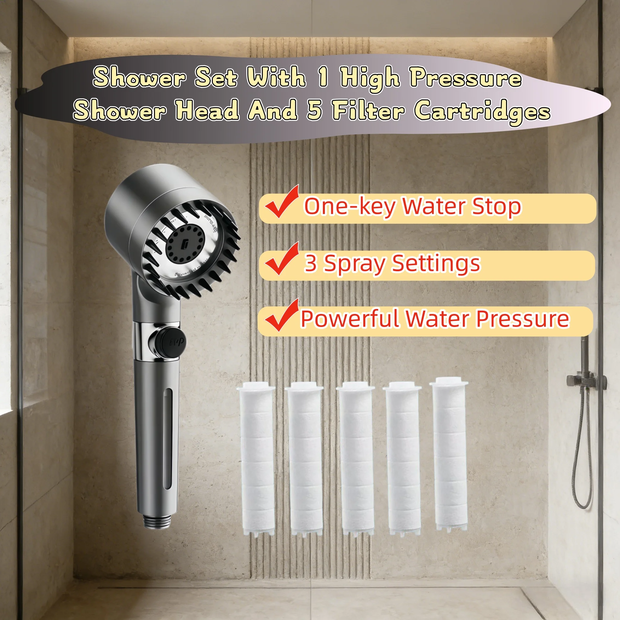 

Серый комплект душевой лейки высокого давления с экономией воды, 3 режима, регулируемый, с кнопкой остановки воды, фильтр для жесткой воды с 5 элементами фильтрации