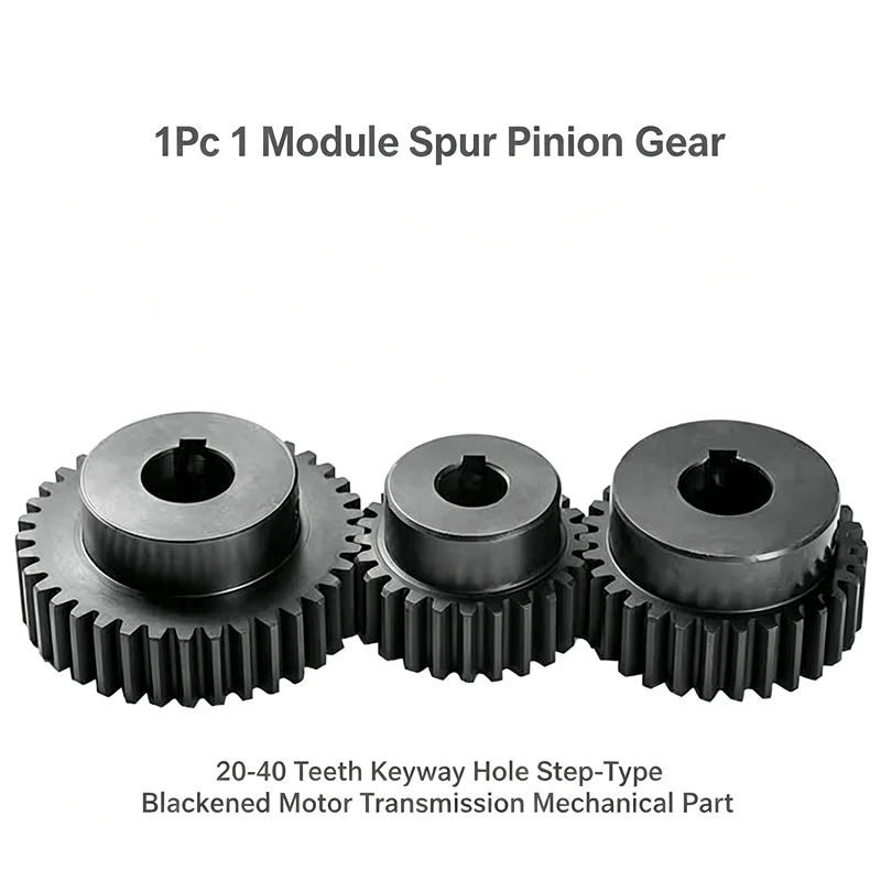 1Pc 1 Module Spur Pinion Gear 20‑40 Teeth Keyway Hole Step‑Type Blackened Motor Transmission Mechanical Part