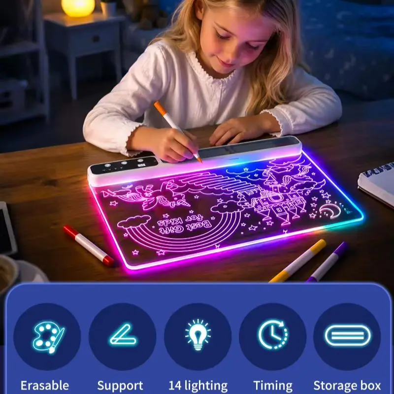 16in LED Drawing Board for Kids Rechargeable Light-Up Acrylic Neon Board with 14 Lighting Timer Built-in Stand Digital Battery