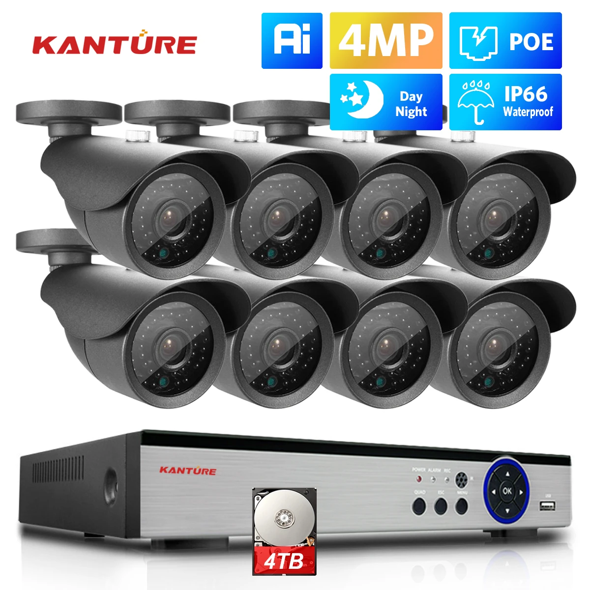 KANTURE 2K CCTV Security Camera System 8CH POE 4MP Ai Human Detection Waterproof Ip Camera Night Vision Video Surveillance Kit