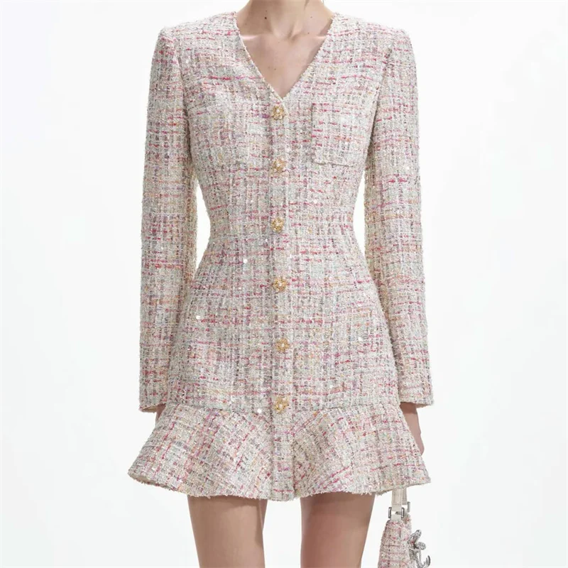 

Women's dress 2024 Autumn New Fashion Button Decorative Long Sleeve Mini Dress Colorful woven tweed Short dresses party dresses