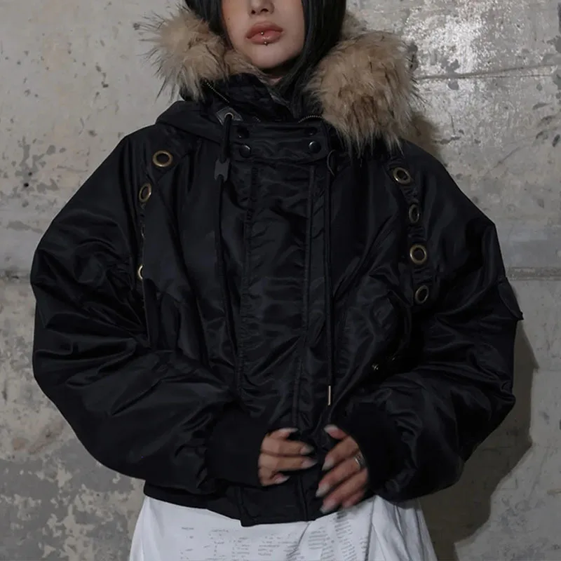 Dark Street Style Women Faux Fur Hood Cropped Winter Parka Eyelet Decor Batwing Sleeve Loose Padded Outer Jacket