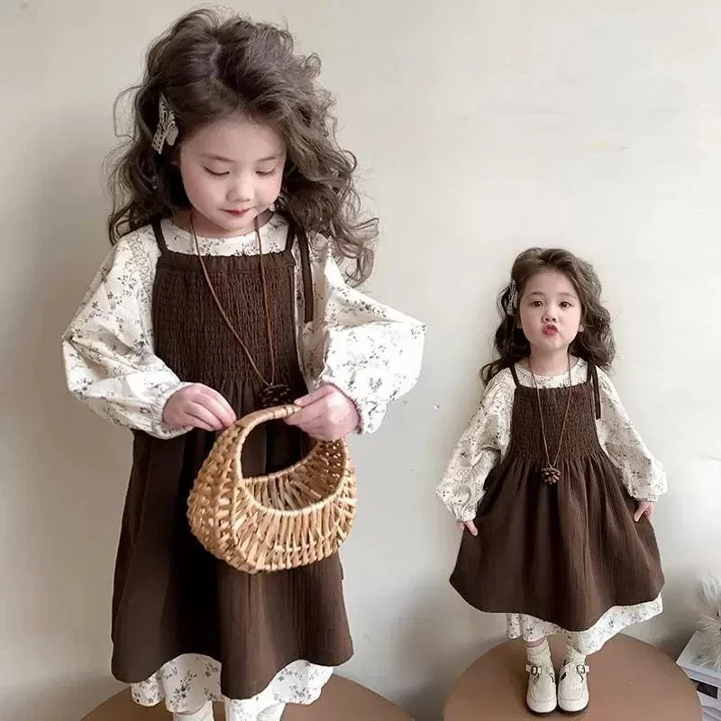 فساتين كاجوال للفتيات أوائل الخريف طقم فستان زهري للفتيات على الطراز الكوري + فستان صيفي عصري للأطفال الصغار بأكمام مكشكشة