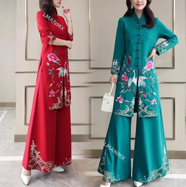 4XL Vietnam Aodai Chinese Style Long Dress Qipao Chinese Cheongsam Dress Traditional Chinoise two pieces Women Pants Suits