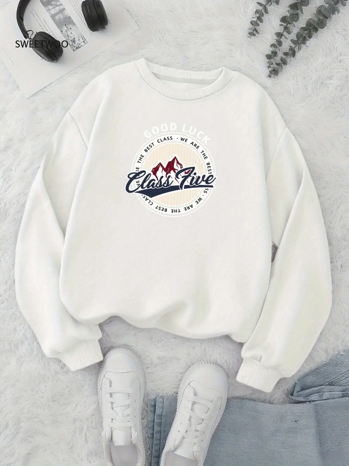 Women's Long Sleeve Round Neck Fashion Print Unique Loose Fit Versatile Trendy Hoodless Pullover Machine Washable Gift Casual