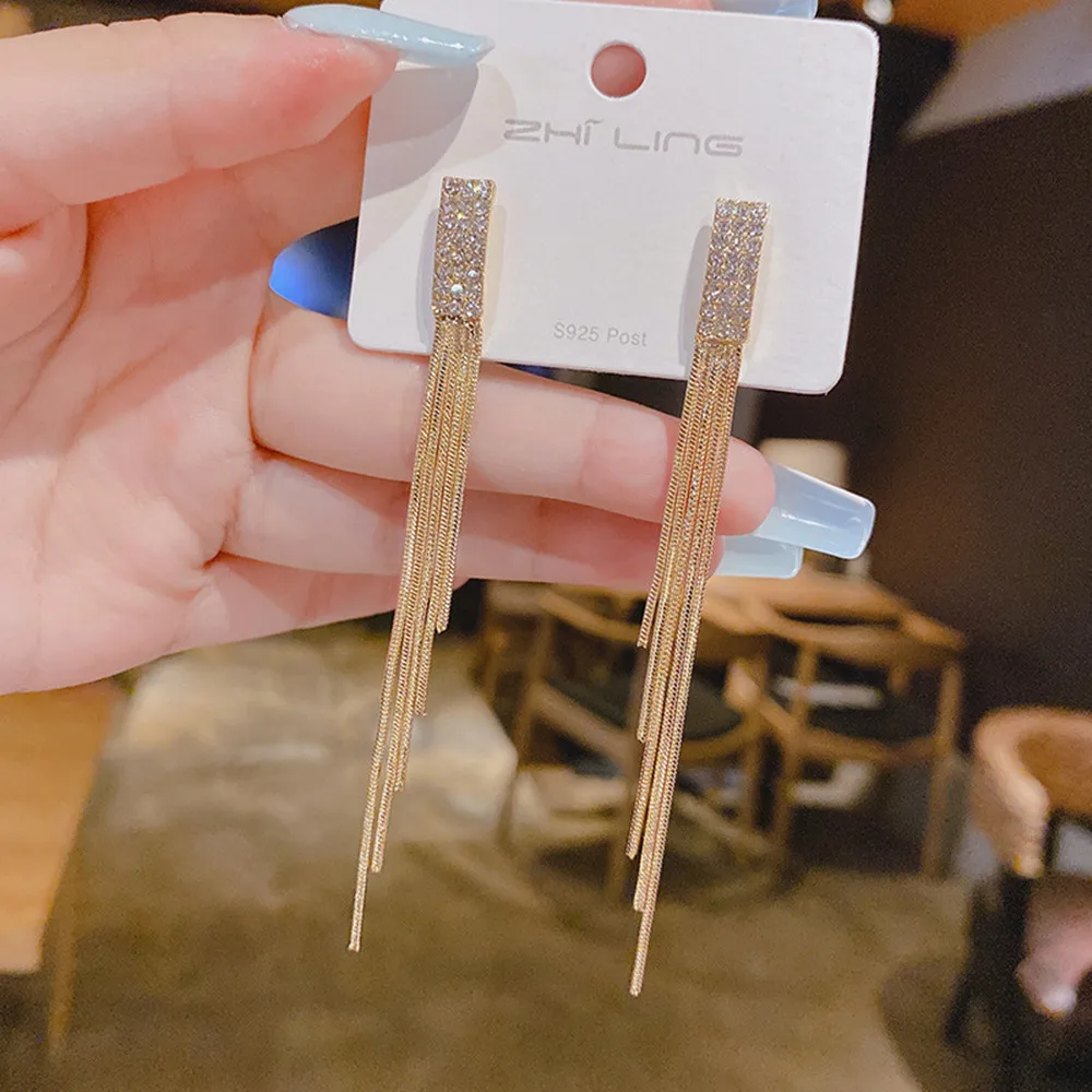 2022 New Version Full Rhinestone Long Tassel Earrings Women's Simple Golden Silver Color Earrings Party Jewelry Beautiful Gifts