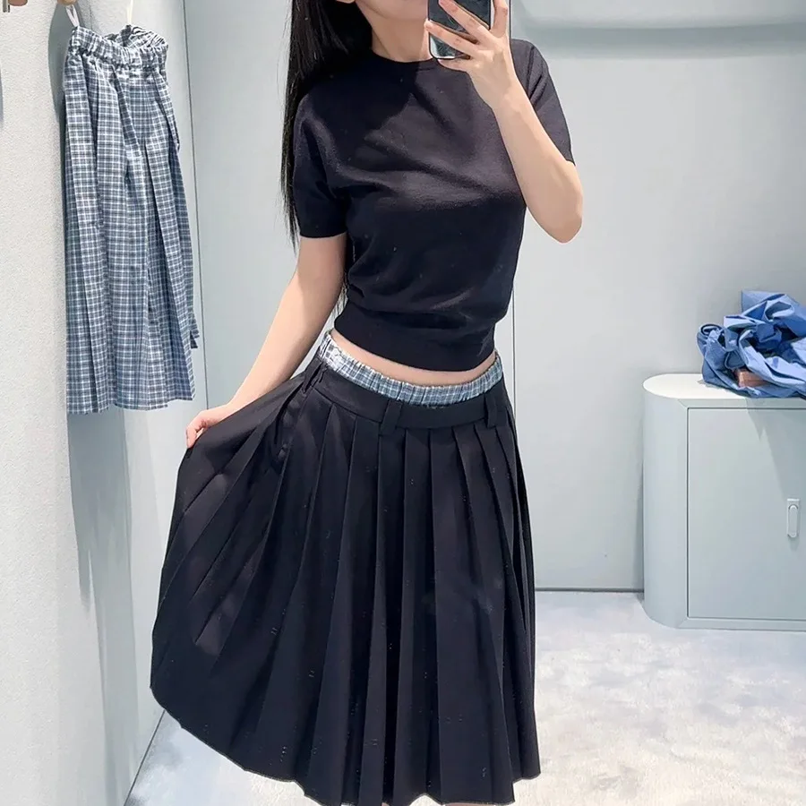 Blue patchwork faux two-piece mid-length half-skirt for women with low waisttrendy pleated skirt spring style
