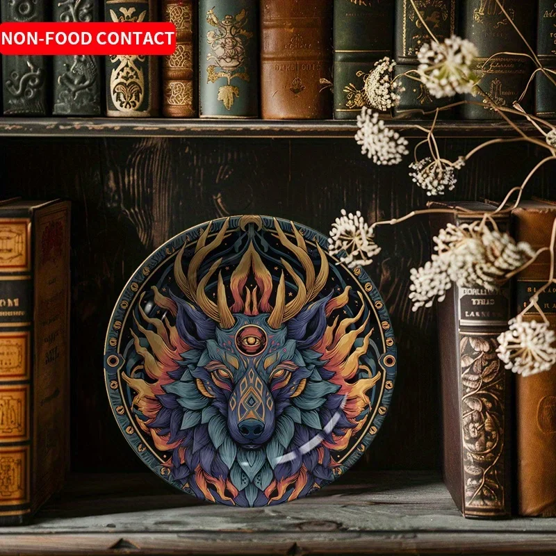 1pc Nordic Wolf Head Ceramic Wall Art Plate - Modern Minimalist Home Decor, Vibrant Blue & Golden Design, Non-Food Contact,