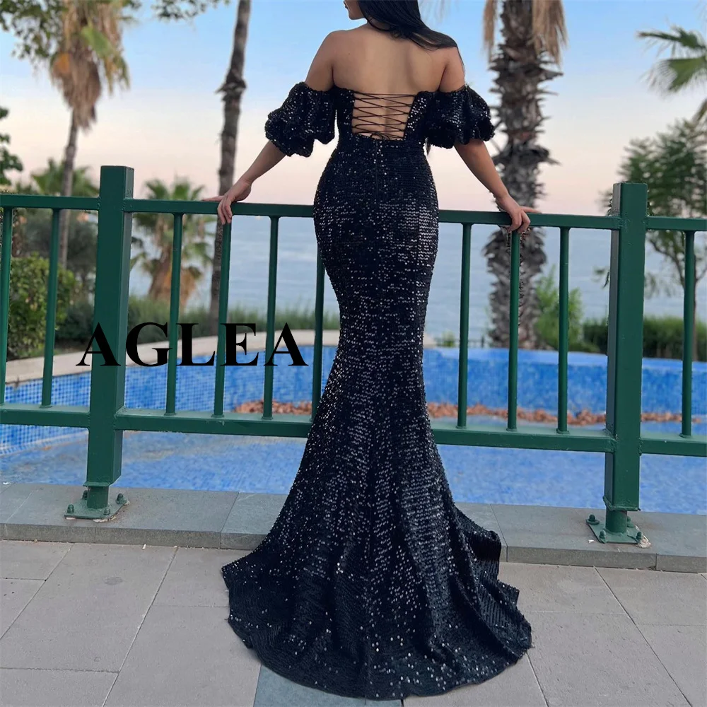 AGLEA-vestido de noche de sirena con lentejuelas, traje negro con volantes y hombros descubiertos, brillante, para fiesta de cumpleaños, ocasión Formal, 2024